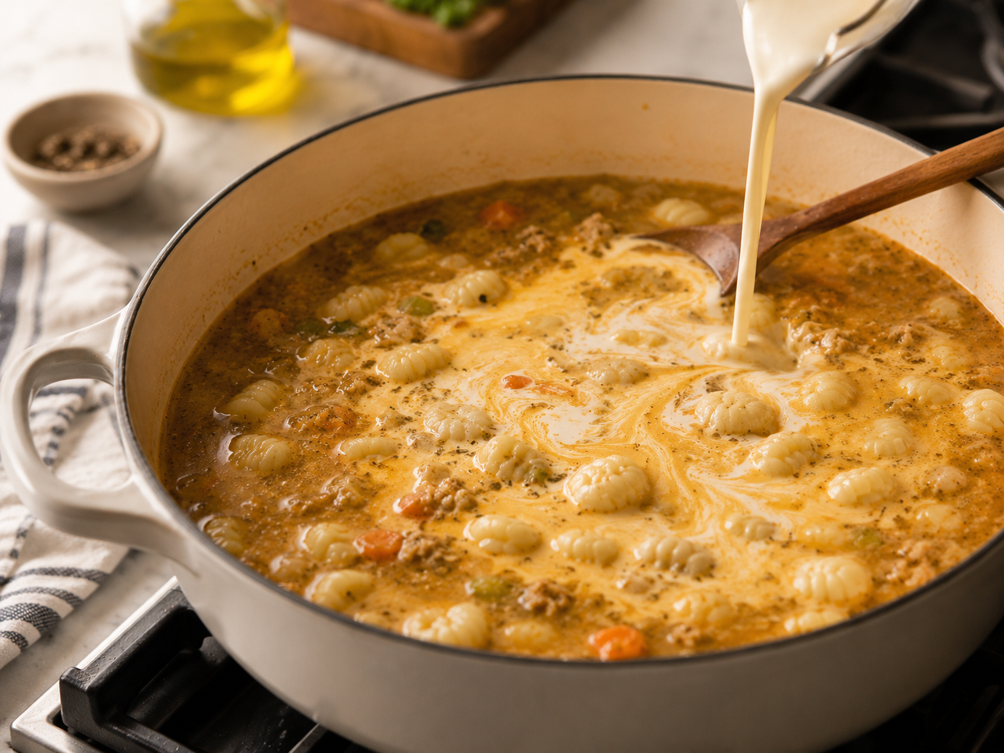 Heavy cream stirred into the soup with sausage returned to the pot — rich and silky broth
