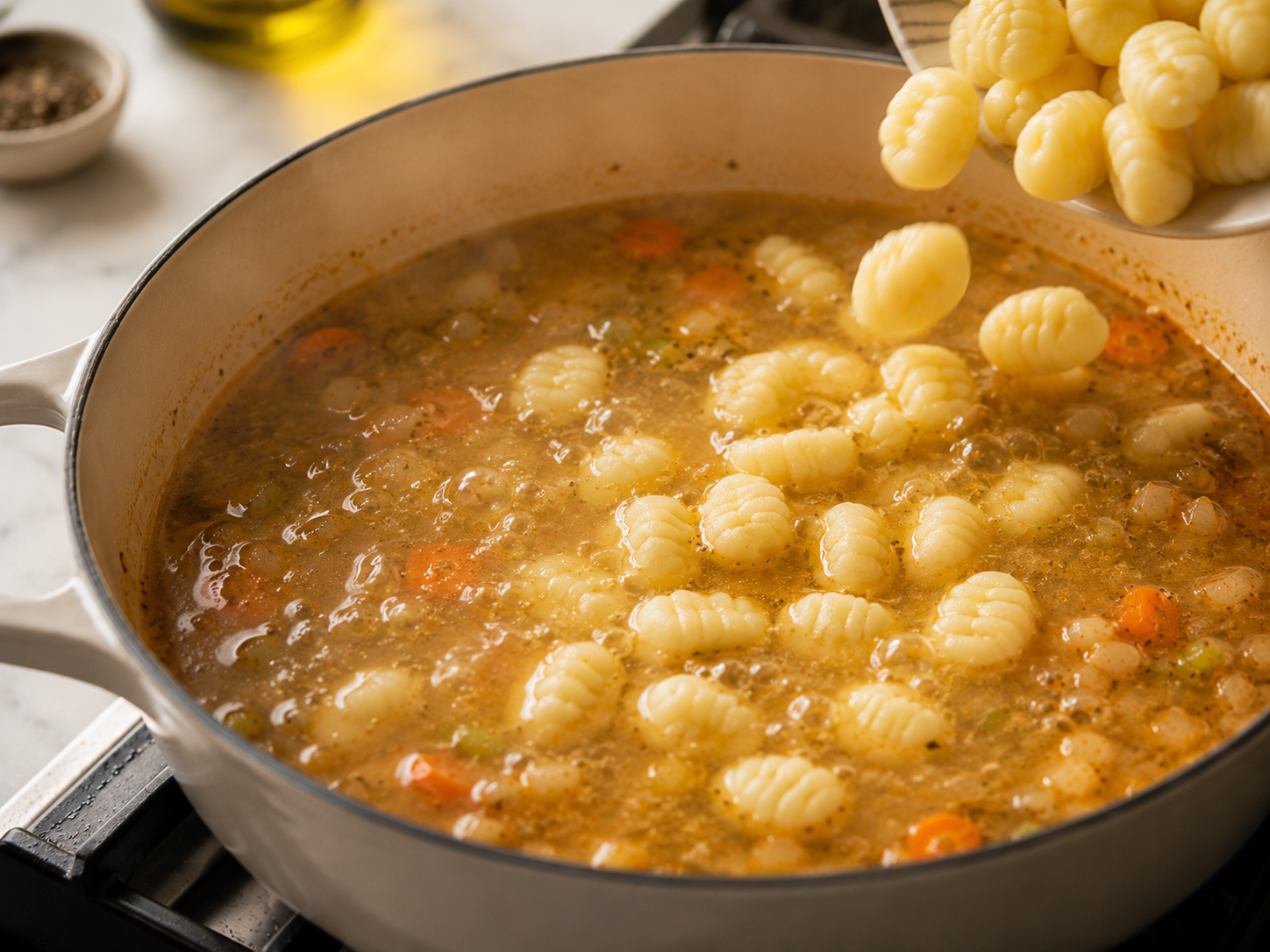 Potato gnocchi floating to the surface of the simmering broth — perfectly cooked and pillowy