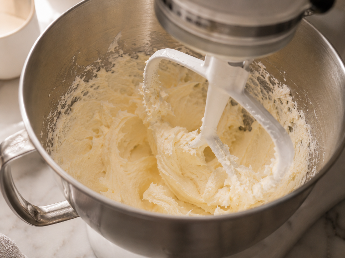 Butter and sugar creamed together until light and fluffy — pale yellow and airy after 3 minutes