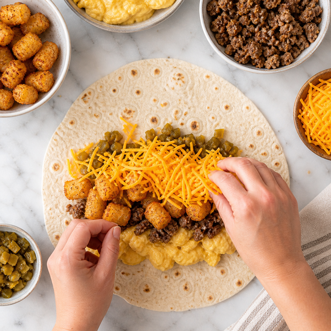 Burrito tortilla layered with scrambled eggs, sausage crumbles, crispy tater tots, green chiles and shredded cheese