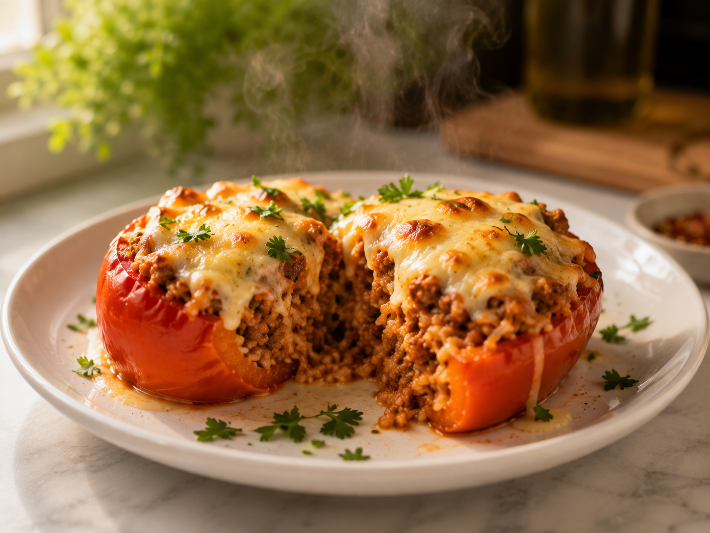Finished stuffed bell peppers resting in the dish — golden cheese, garnished with fresh parsley
