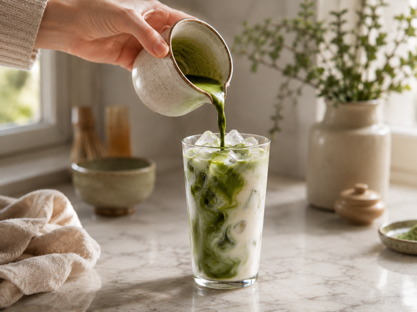 Slowly pouring the whisked matcha over oat milk — creating a stunning green swirl on top