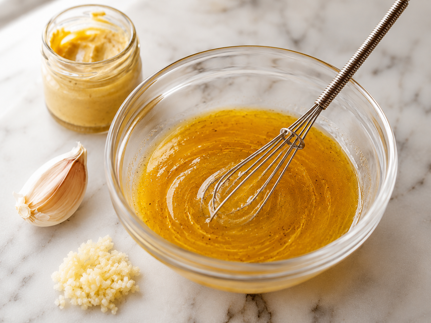 Classic cobb dressing being whisked in a bowl — smooth red wine vinaigrette