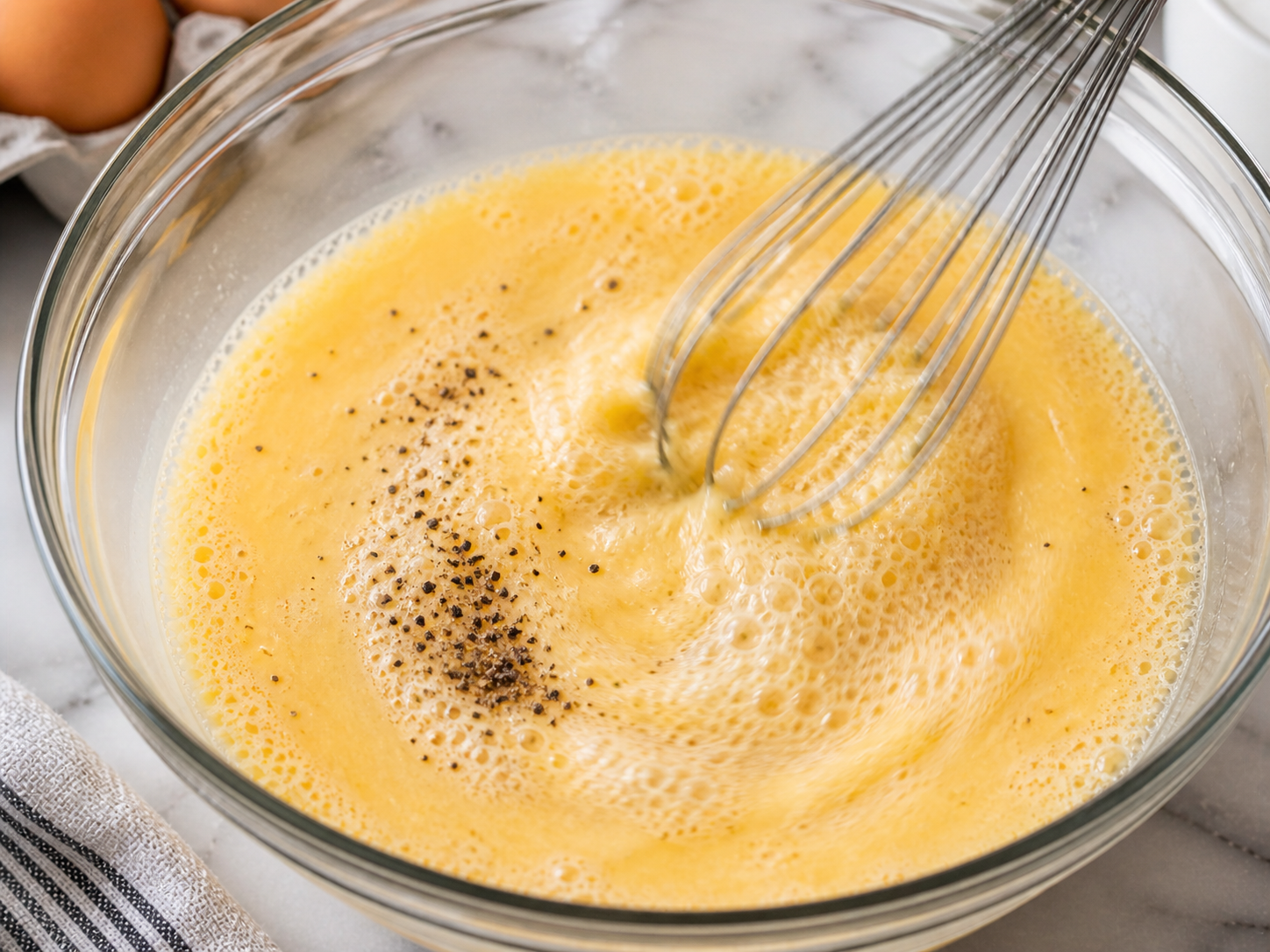 Seasoned egg and milk mixture being poured evenly over all the layers in the baking dish