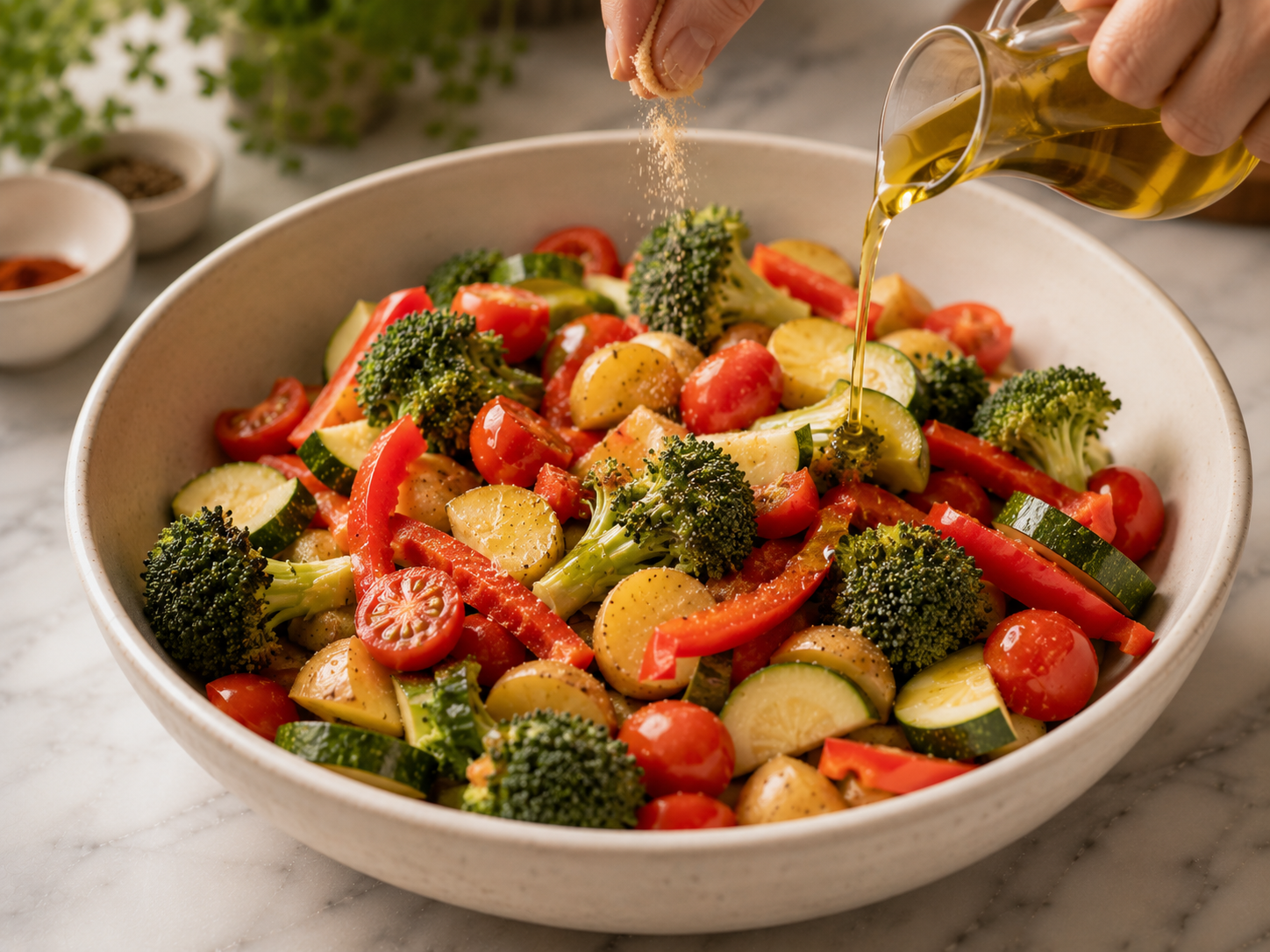 Broccoli, cherry tomatoes, zucchini, potatoes and bell pepper tossed in olive oil and seasoning
