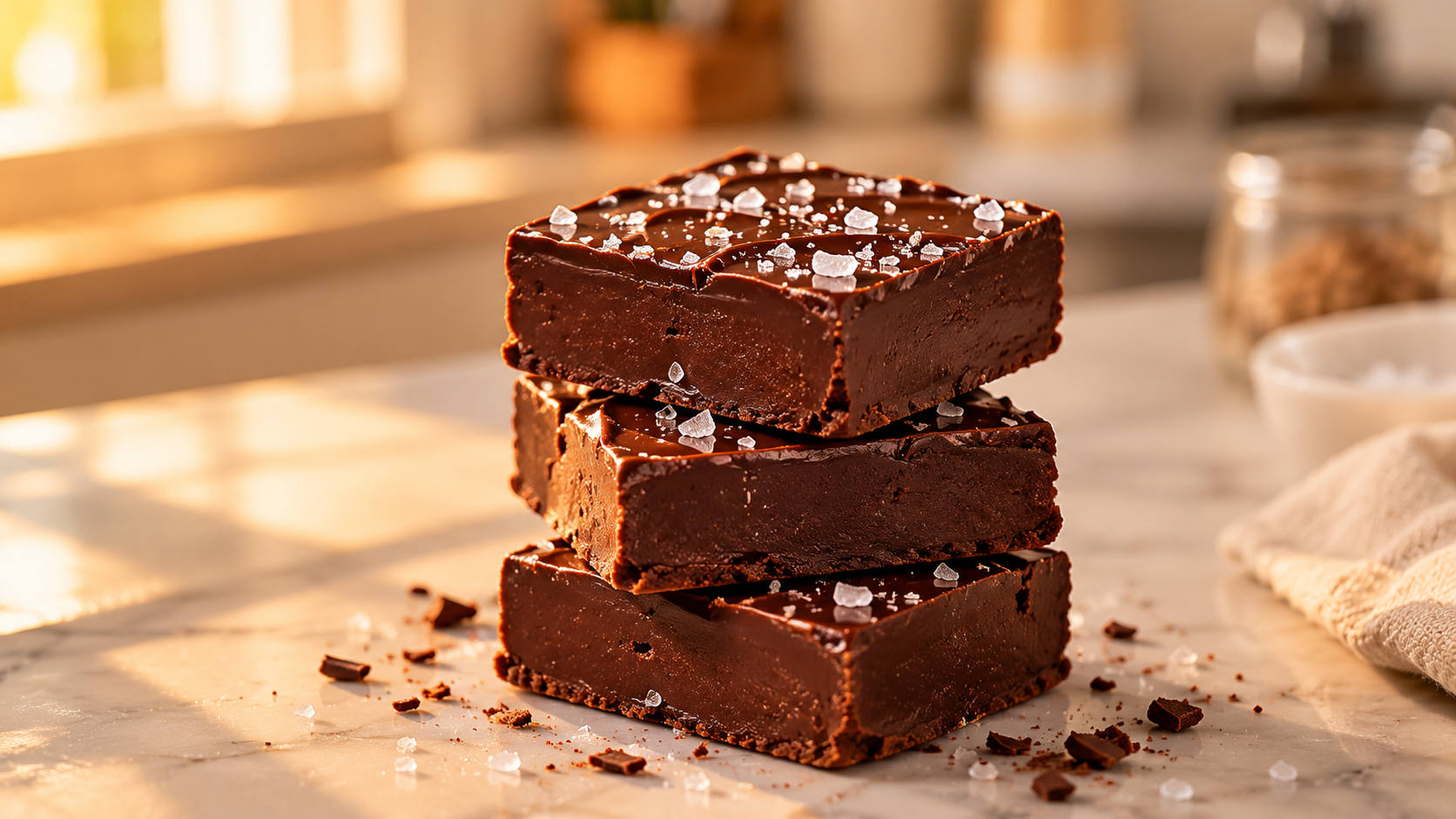 3-ingredient chocolate fudge cut into squares on a wooden board — rich, glossy and topped with flaky sea salt