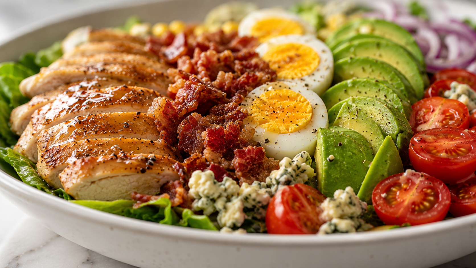 Finished cobb salad drizzled with dressing — ready to serve