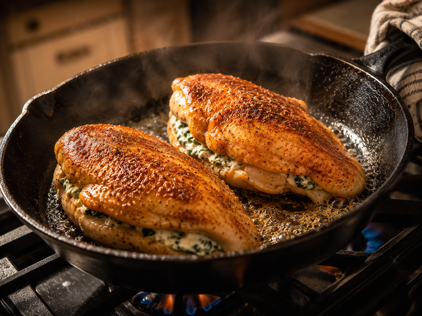 Stuffed chicken breasts searing in a hot skillet — golden crust forming on each side