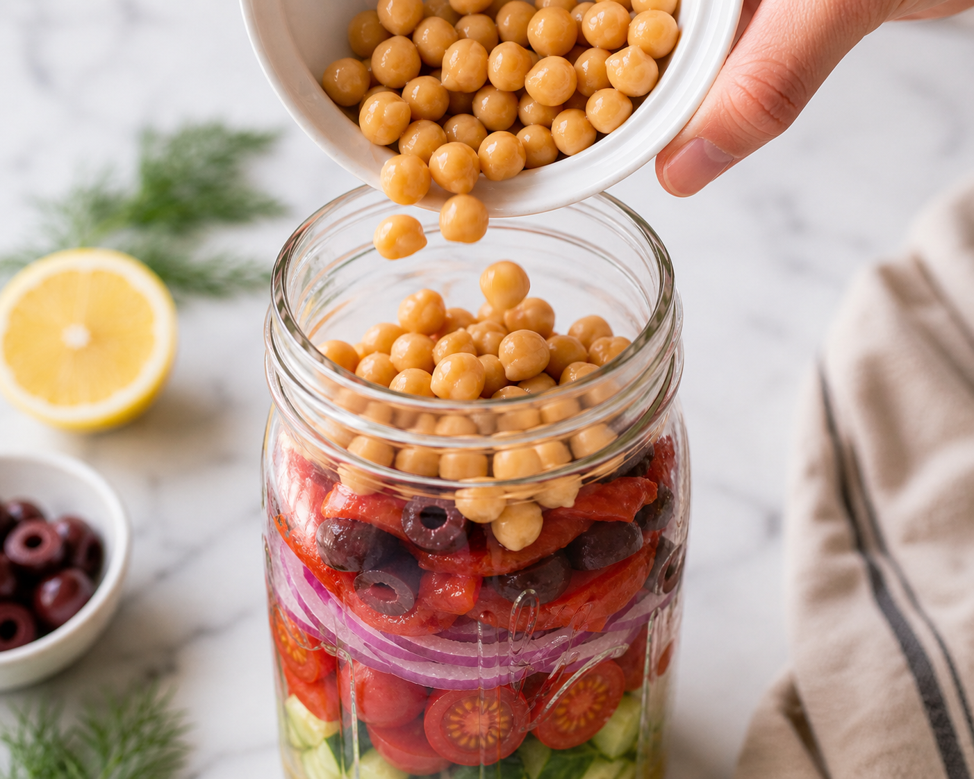 Rinsed and dried chickpeas poured over the olive layer — the protein base of the jar salad