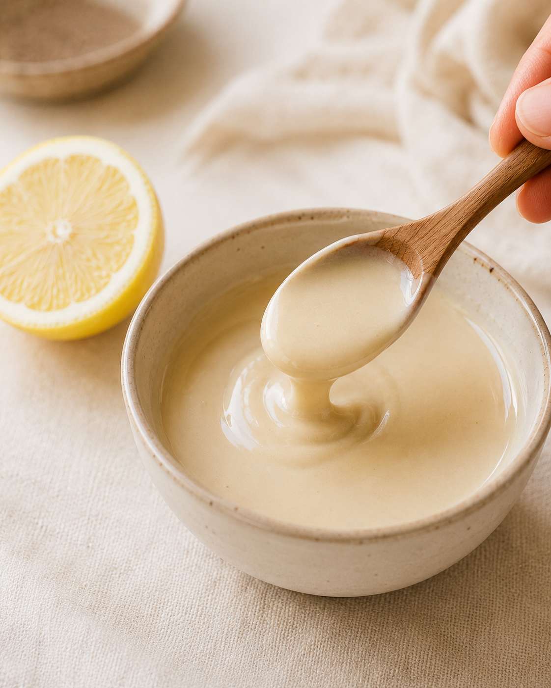 Finished tahini dressing — smooth, golden and creamy, ready to drizzle over a veggie bowl