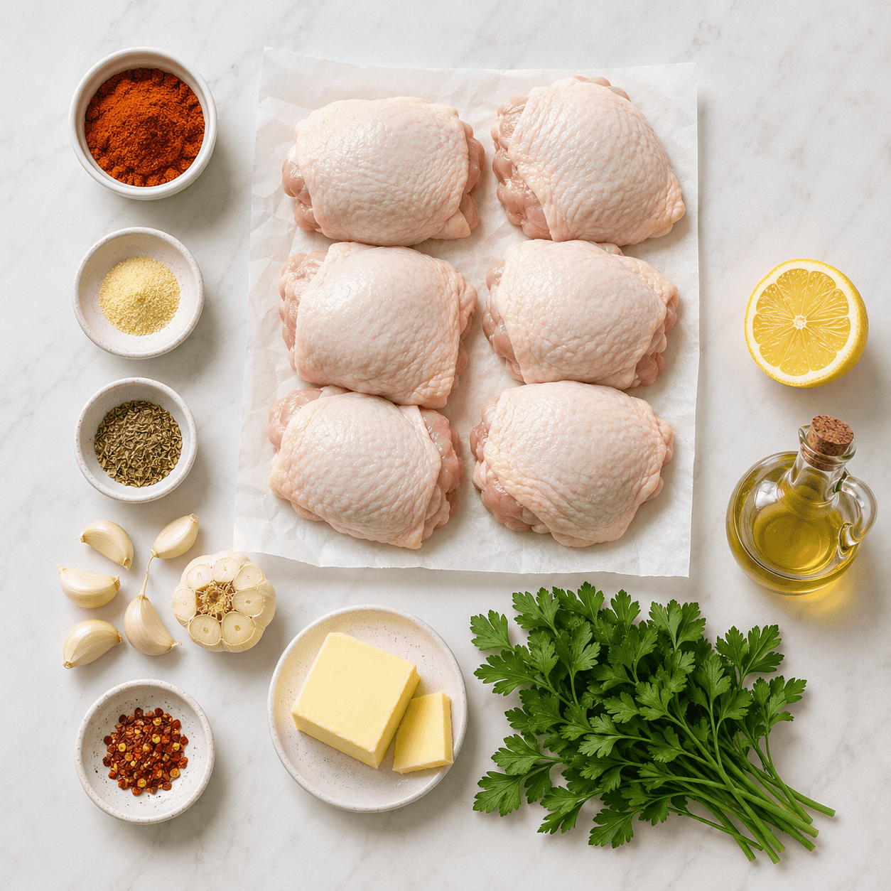 All ingredients laid out: chicken thighs, butter, garlic, parsley, smoked paprika, lemon and spices