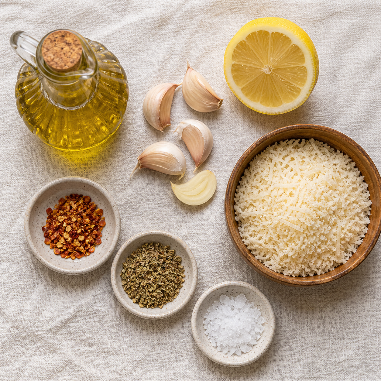 All garlic parmesan bread dip ingredients laid out — olive oil, fresh garlic, parmesan block, lemon, herbs, red pepper flakes