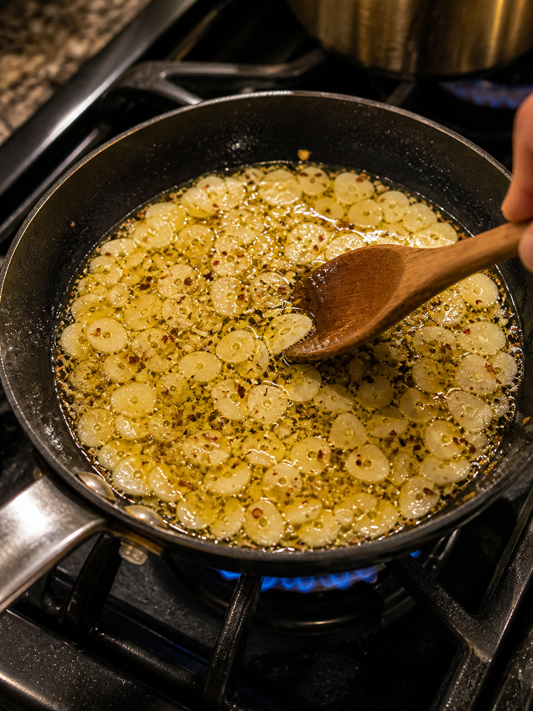 Olive oil warming in a small skillet over medium-low heat — shimmering and ready for garlic