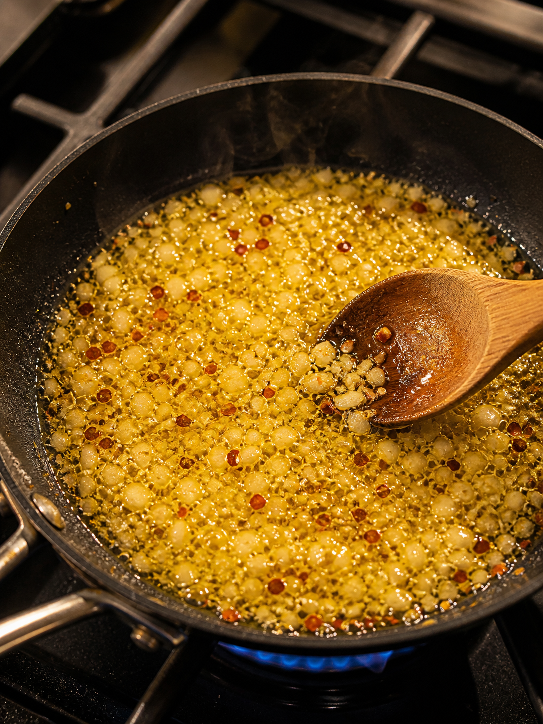 Minced garlic and red pepper flakes gently sizzling in warm olive oil — just starting to turn golden