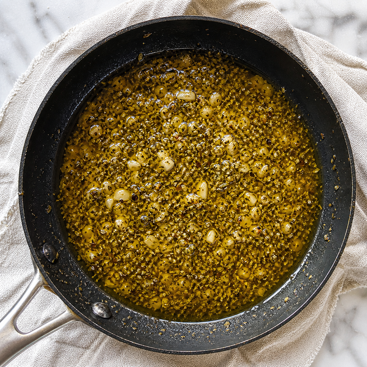 Dried herbs and salt added to the garlic olive oil — everything fragrant and blooming in the pan