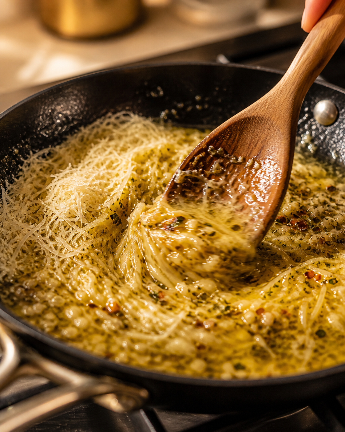 Freshly grated parmesan stirred into the warm garlic oil — melting into a glossy, creamy texture