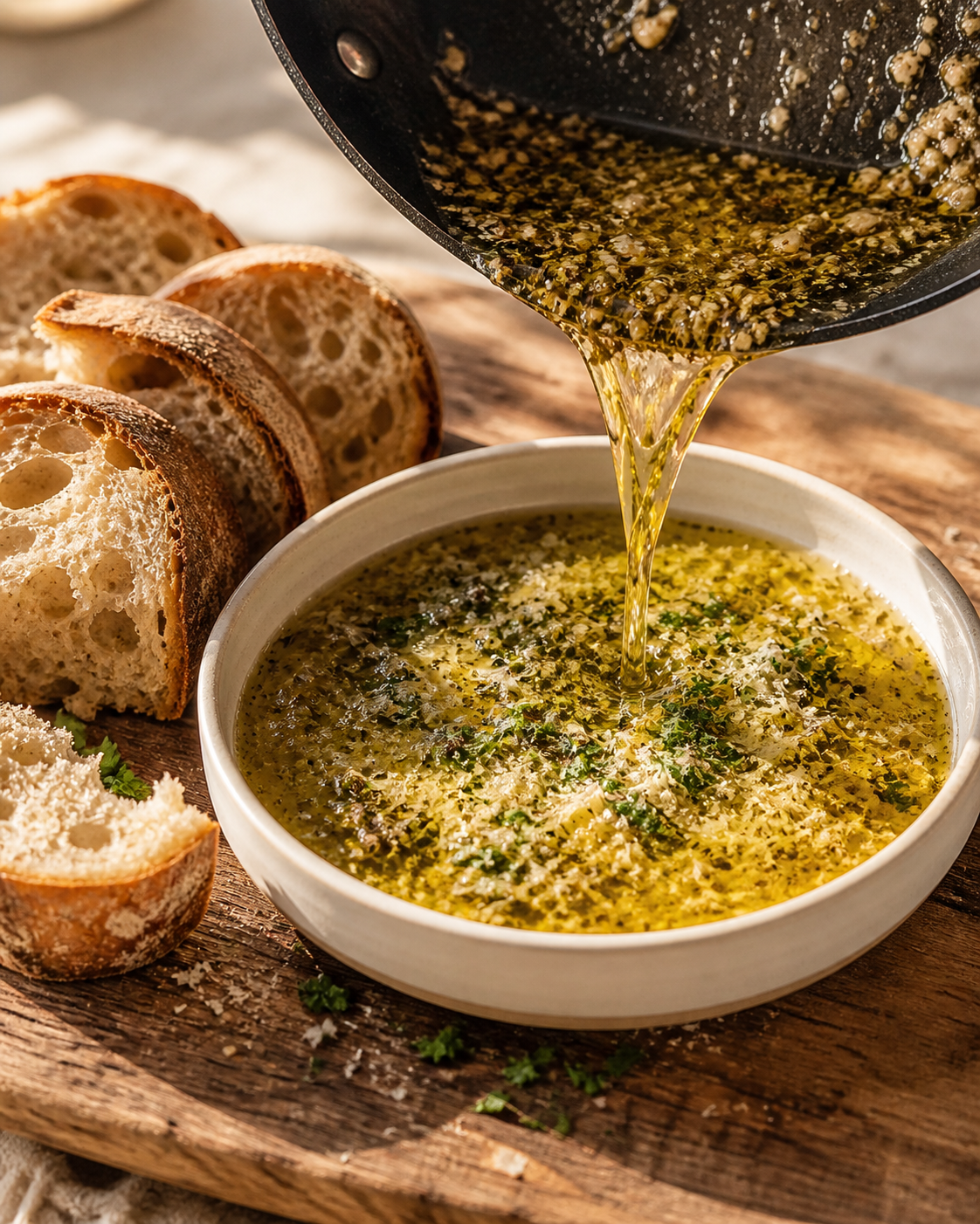 Garlic parmesan bread dip in a shallow bowl — warm olive oil with toasted garlic, herbs, and freshly grated parmesan