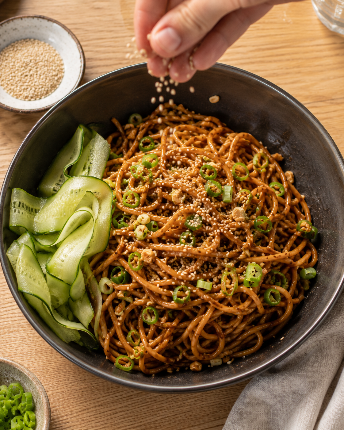 Finished sesame ginger pasta garnished with sesame seeds, green onions and served in a bowl