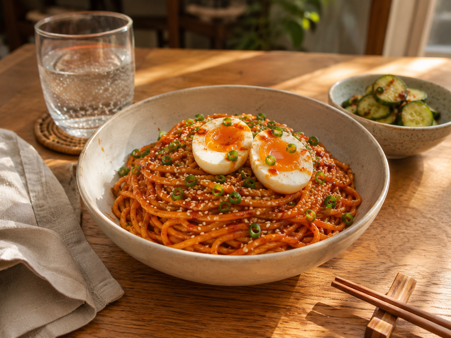 Extra creamy gochujang pasta in a bowl — deep red-orange sauce coating the noodles, topped with a soft-boiled egg, sesame seeds and green onions