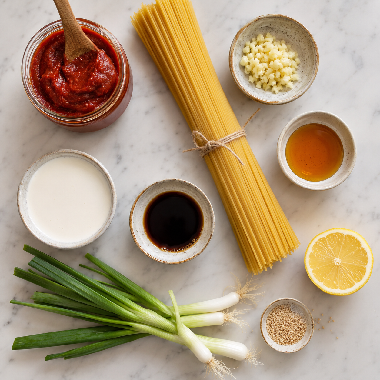 All gochujang pasta ingredients laid out: spaghetti, gochujang paste, garlic, butter, cream, soy sauce, sesame oil and toppings