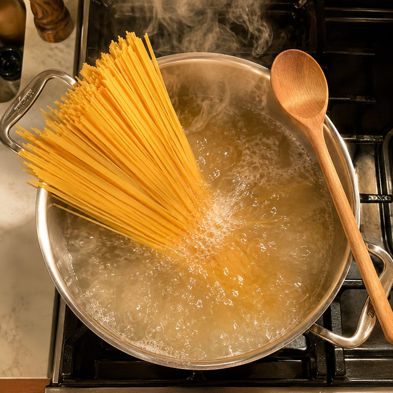 Spaghetti boiling in a large pot of well-salted water