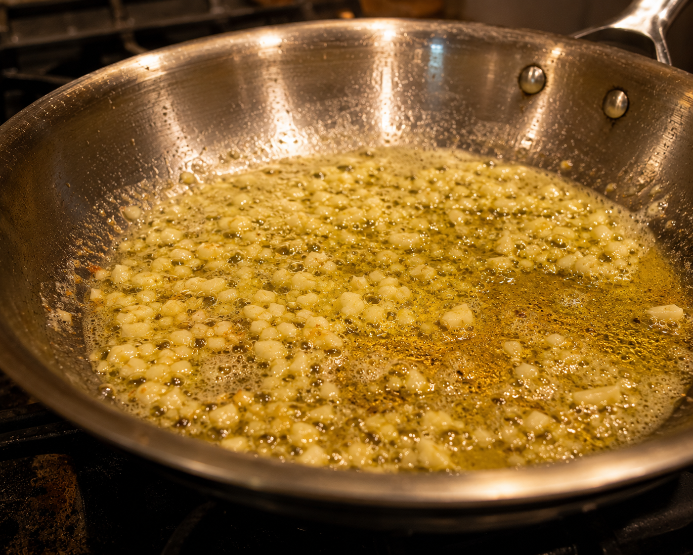 Minced garlic sizzling in butter and olive oil in a large skillet over medium heat