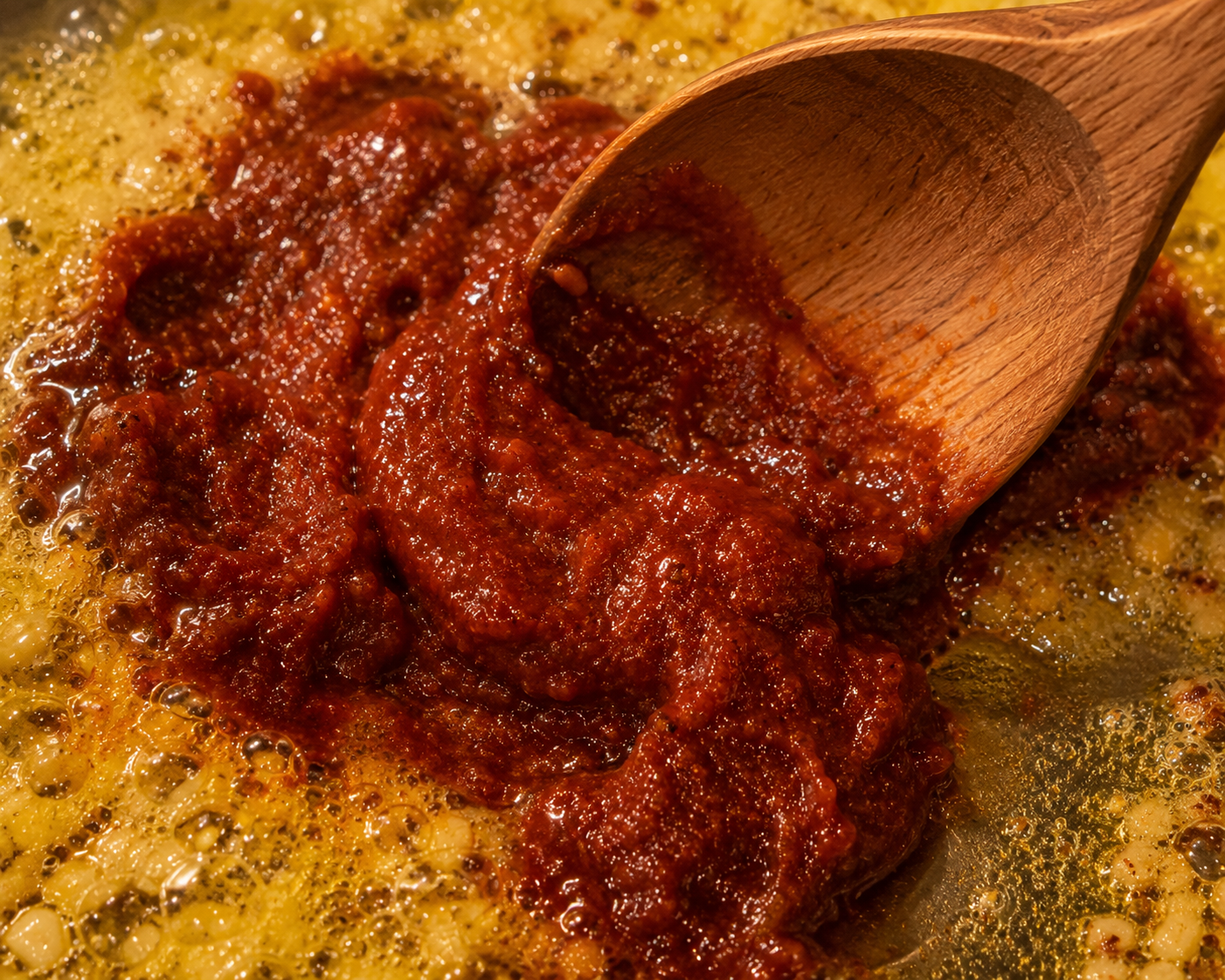 Gochujang paste toasting in the garlic butter skillet — deep red and fragrant