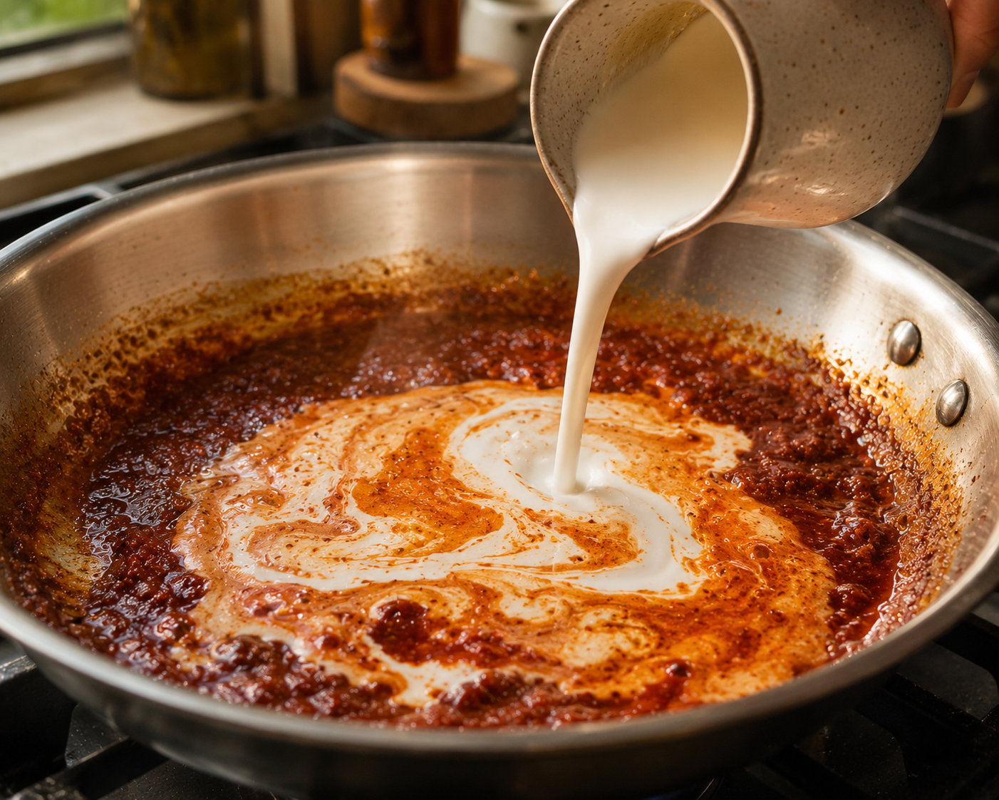 Heavy cream being poured into the gochujang sauce — swirling together into a rich orange-red sauce