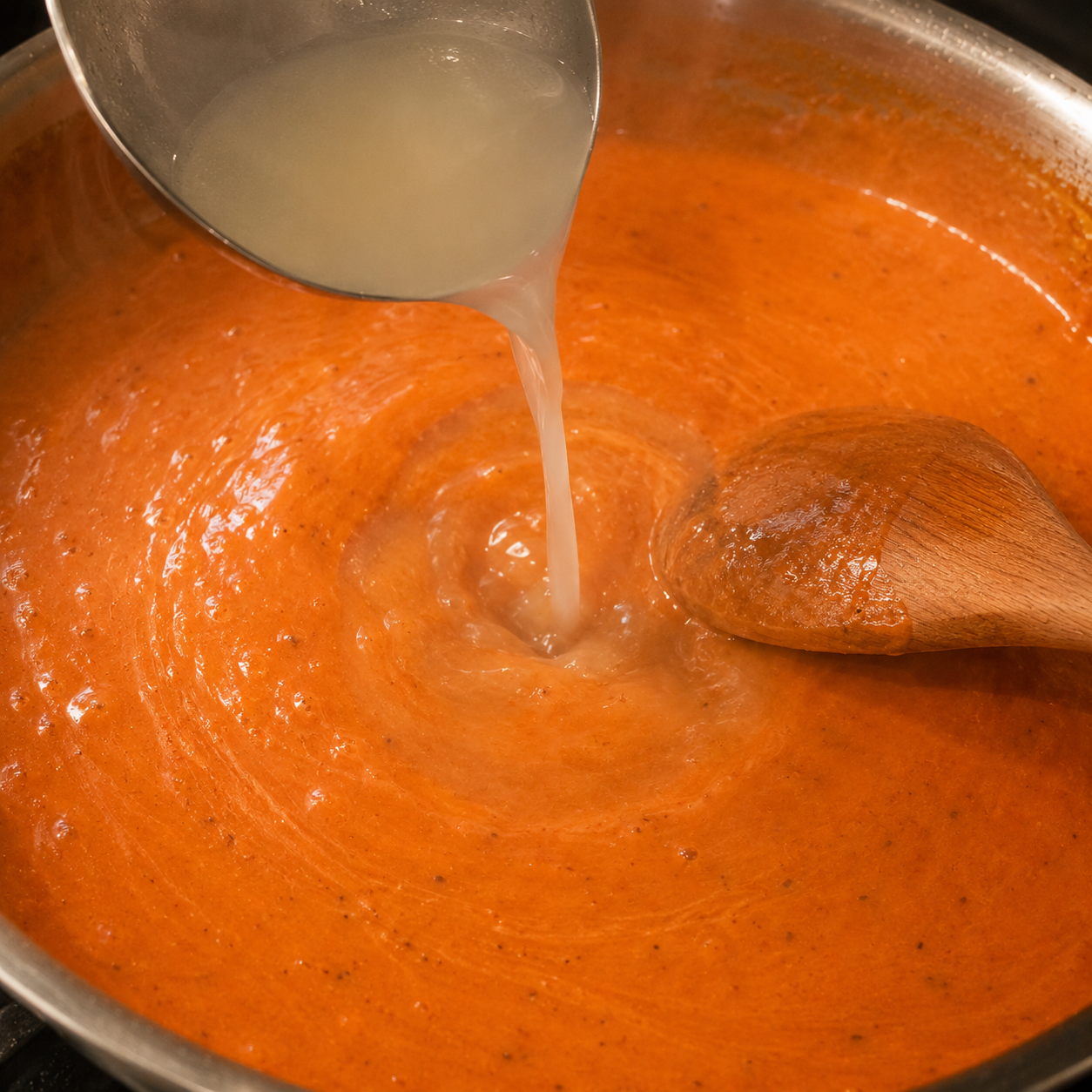 Pasta water being ladled into the creamy gochujang sauce — turning it silky and glossy