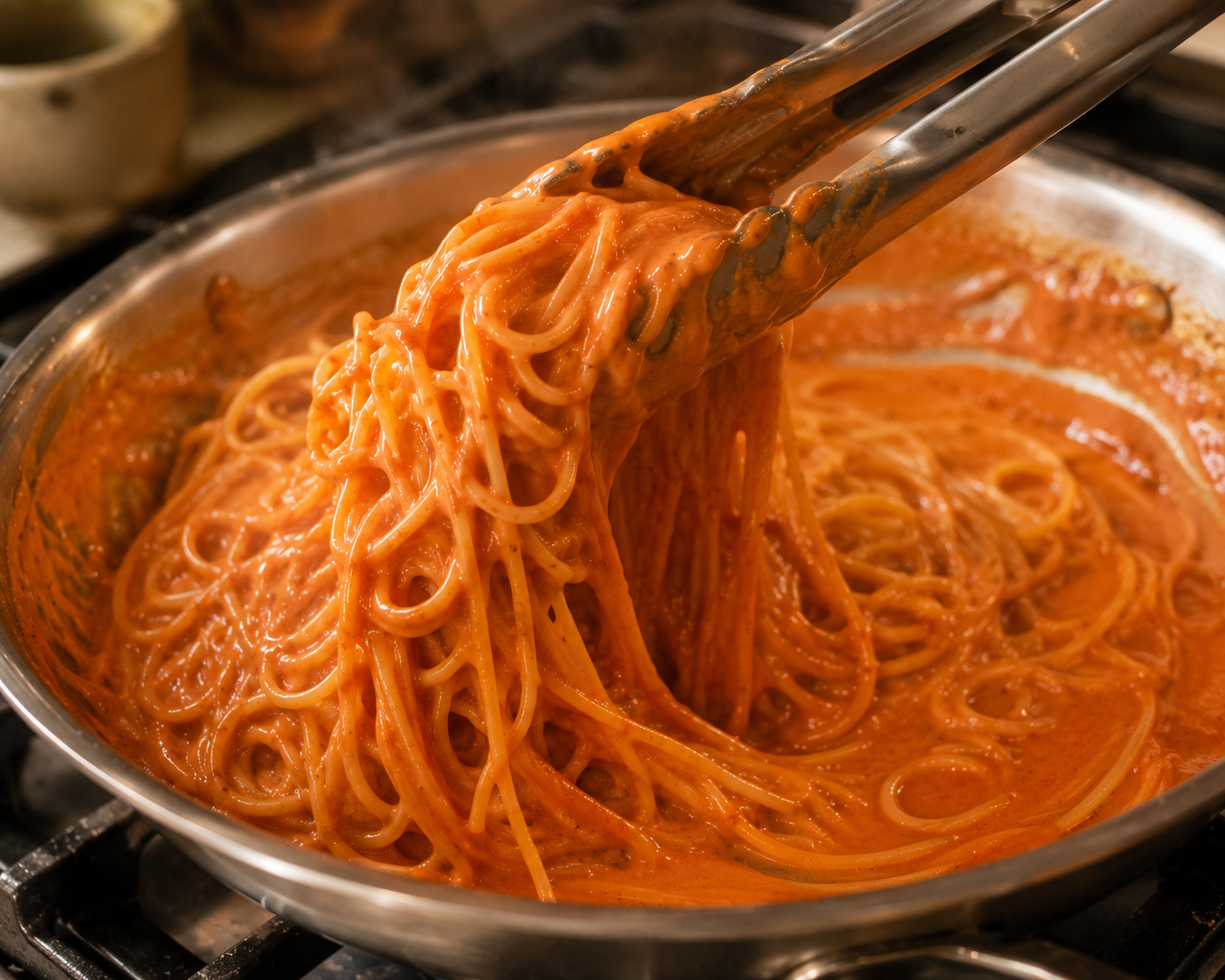 Spaghetti being tossed in the creamy gochujang sauce in the skillet — every strand coated in deep orange-red