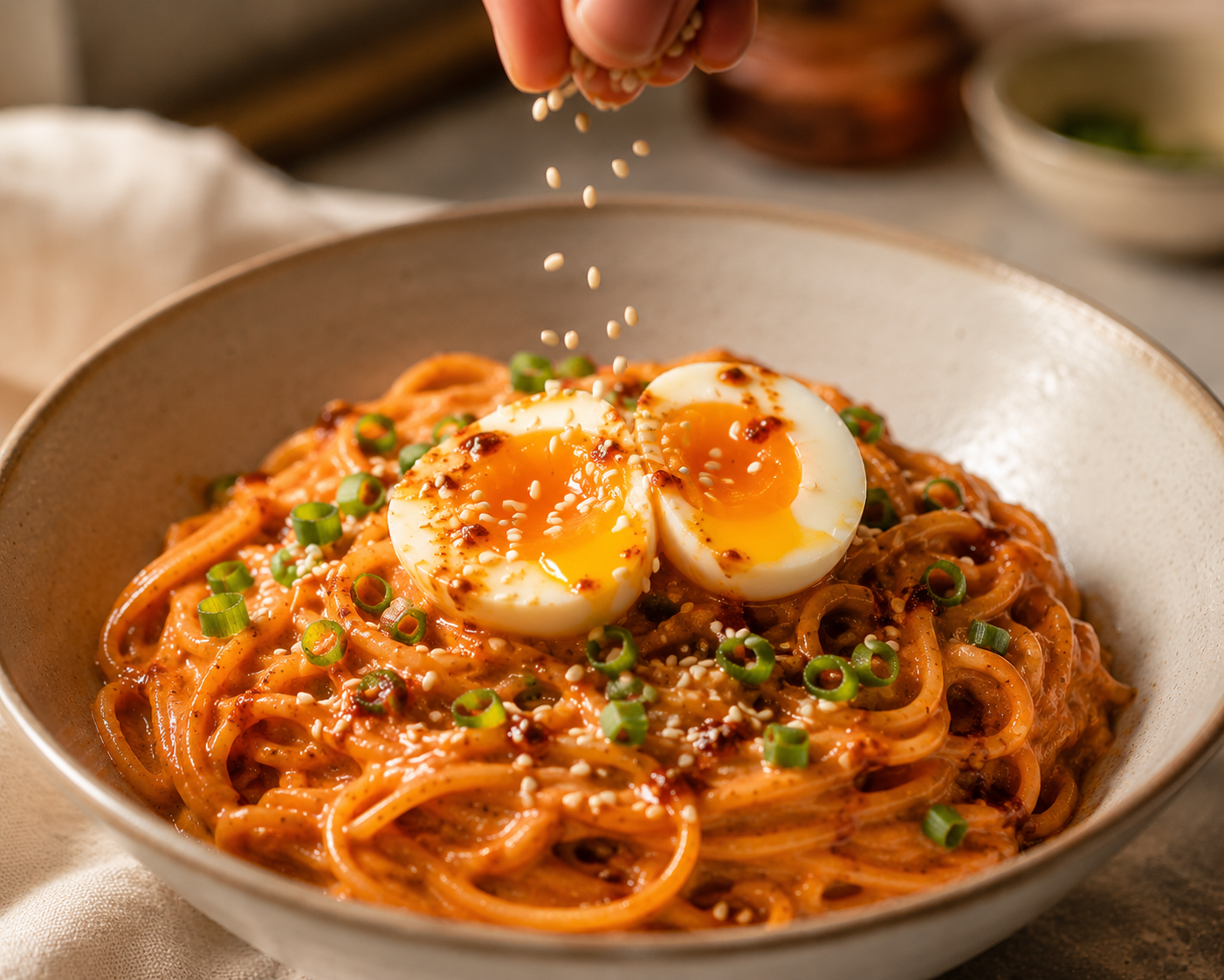 Finished gochujang pasta plated in a bowl — soft-boiled egg on top, sesame seeds, green onions and a drizzle of chili oil
