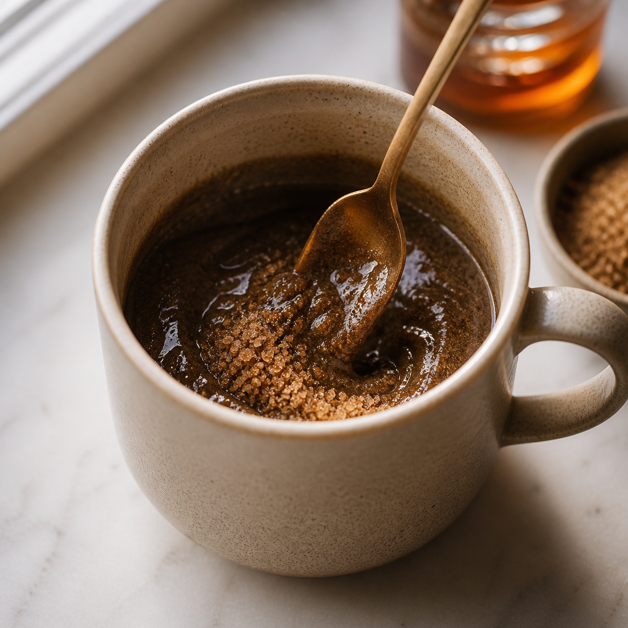 Brown sugar being stirred into the warm hojicha paste in a small mug