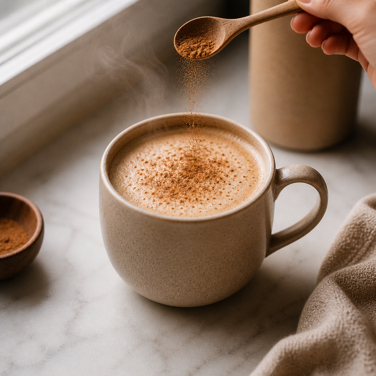 Finished hojicha latte in a ceramic mug with a dusting of cinnamon on the frothy top — warm and cozy