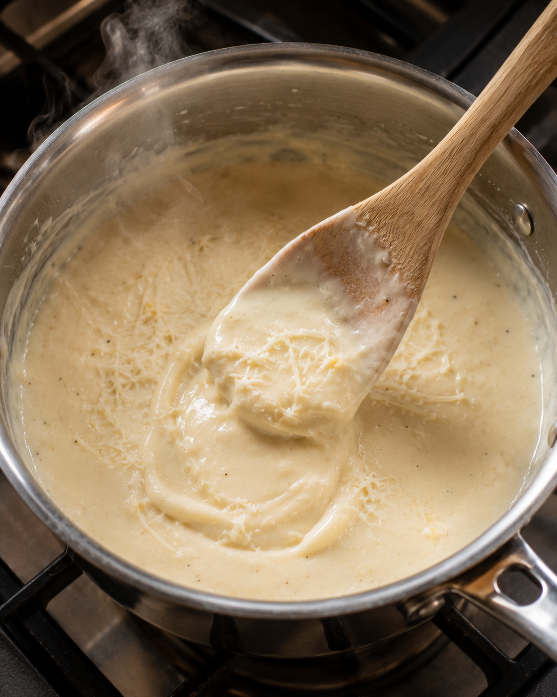Homemade Alfredo sauce simmering in a saucepan — creamy, silky, and golden