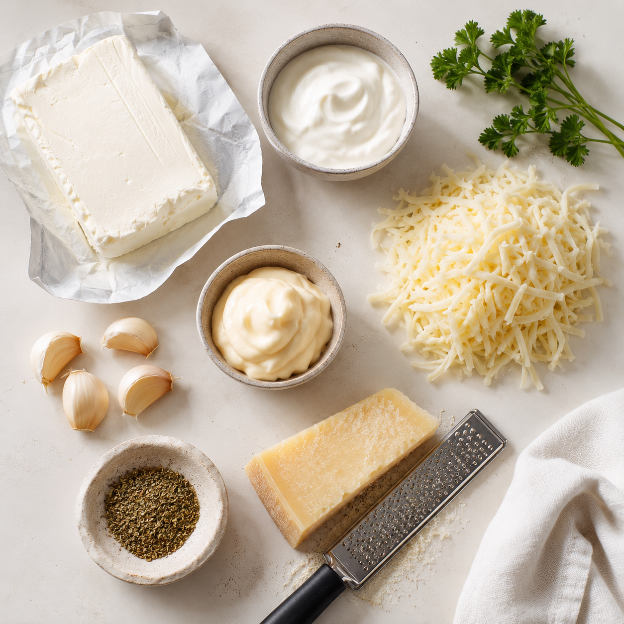 All cheesy garlic bread dip ingredients laid out — cream cheese, sour cream, mayo, mozzarella, parmesan, garlic and seasonings