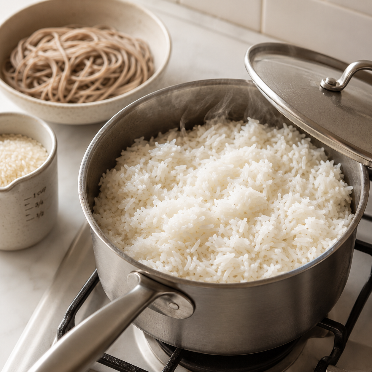 Jasmine rice cooking and steaming in a pot on the stove &mdash; fluffy and perfectly done