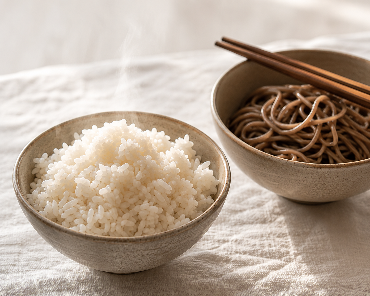 Jasmine rice and soba noodles side by side &mdash; both great base options for the umami bowl