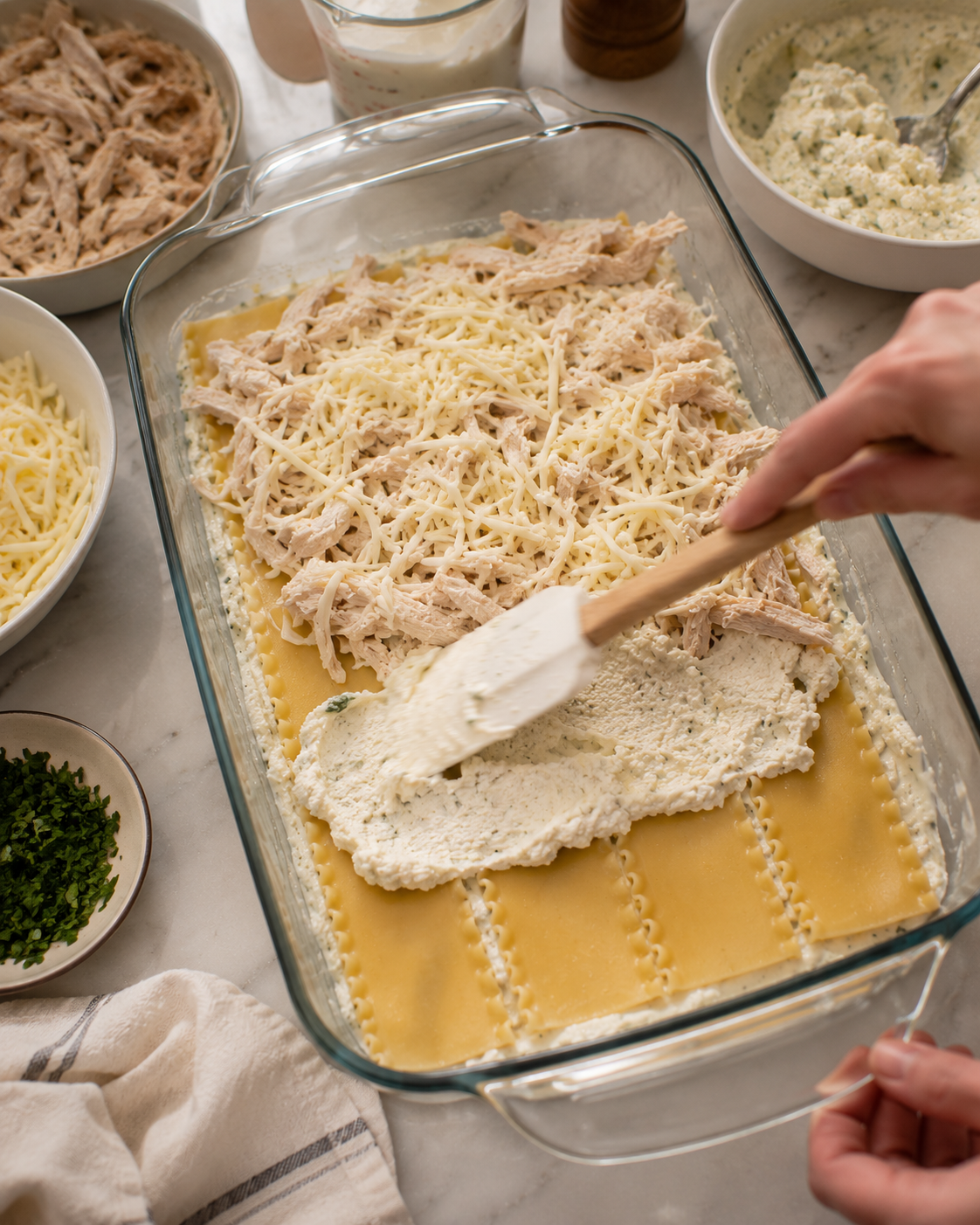 Layering the chicken Alfredo lasagna in the baking dish — noodles, ricotta, chicken and sauce
