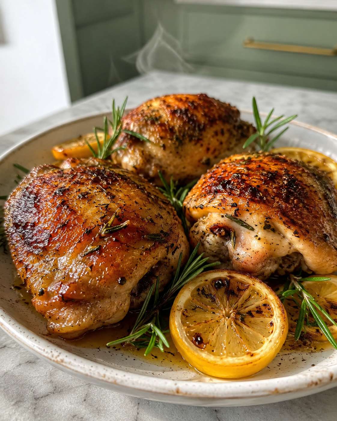 Lemon herb bone-in chicken thighs — golden crispy skin, fresh herbs and roasted lemon slices on a pan