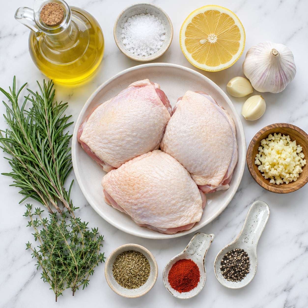 All lemon herb chicken thigh ingredients laid out flat — bone-in thighs, lemon, garlic, fresh herbs and olive oil