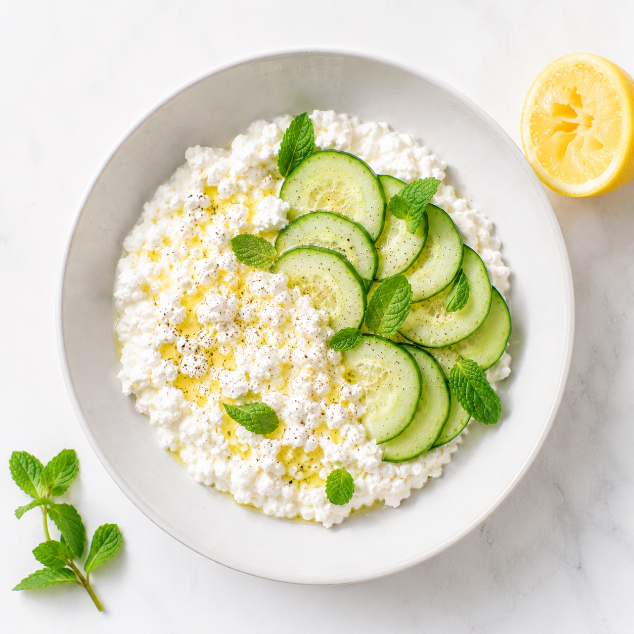Light summer cottage cheese bowl with cucumber, lemon and fresh mint — minimal and fresh