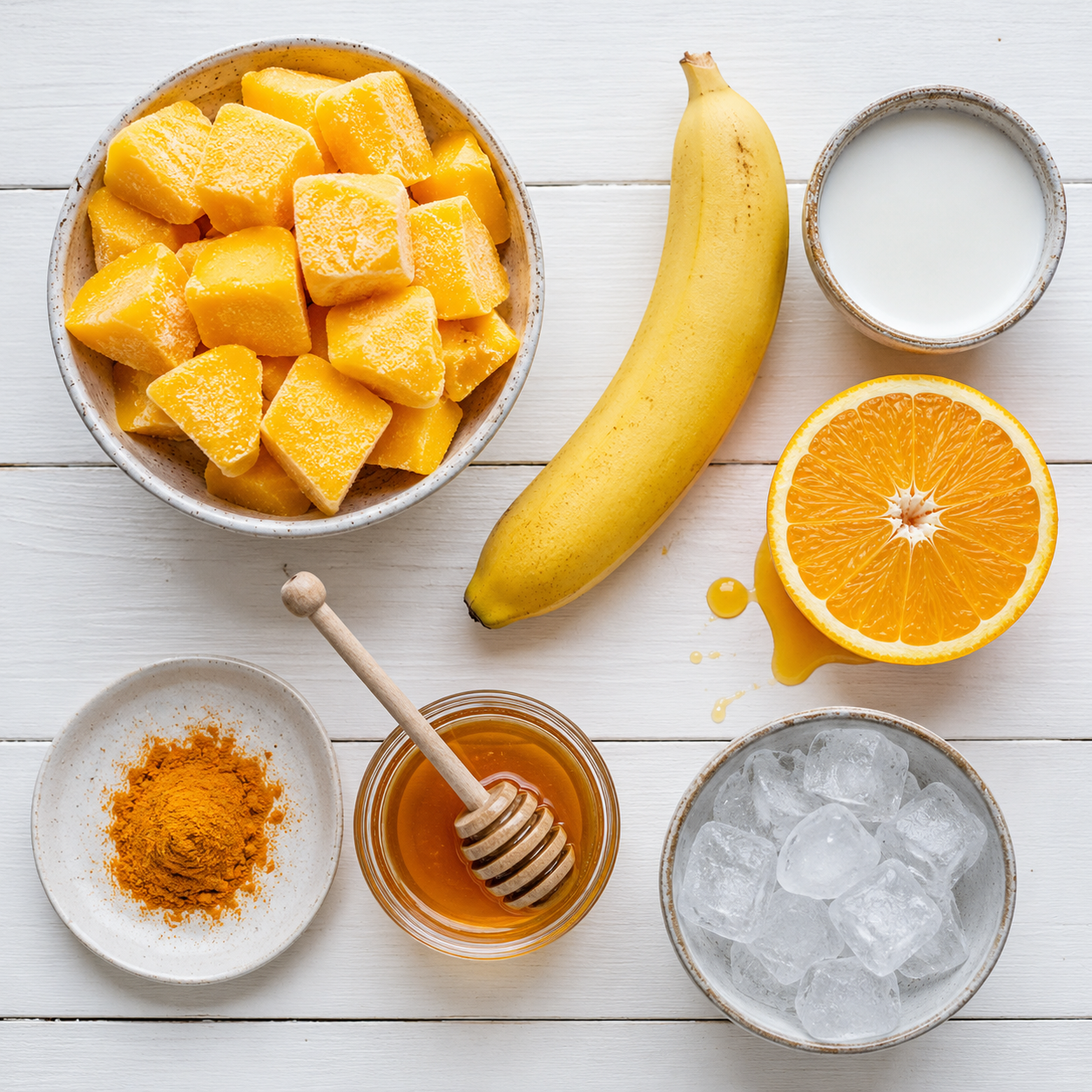 All mango smoothie ingredients laid out overhead: frozen mango, banana, coconut milk, orange juice, honey and turmeric