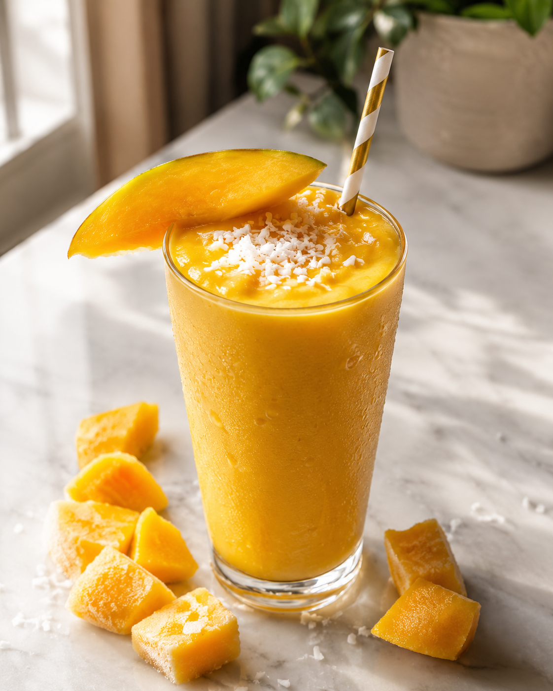 Finished mango smoothie in a tall glass garnished with a fresh mango slice and shredded coconut