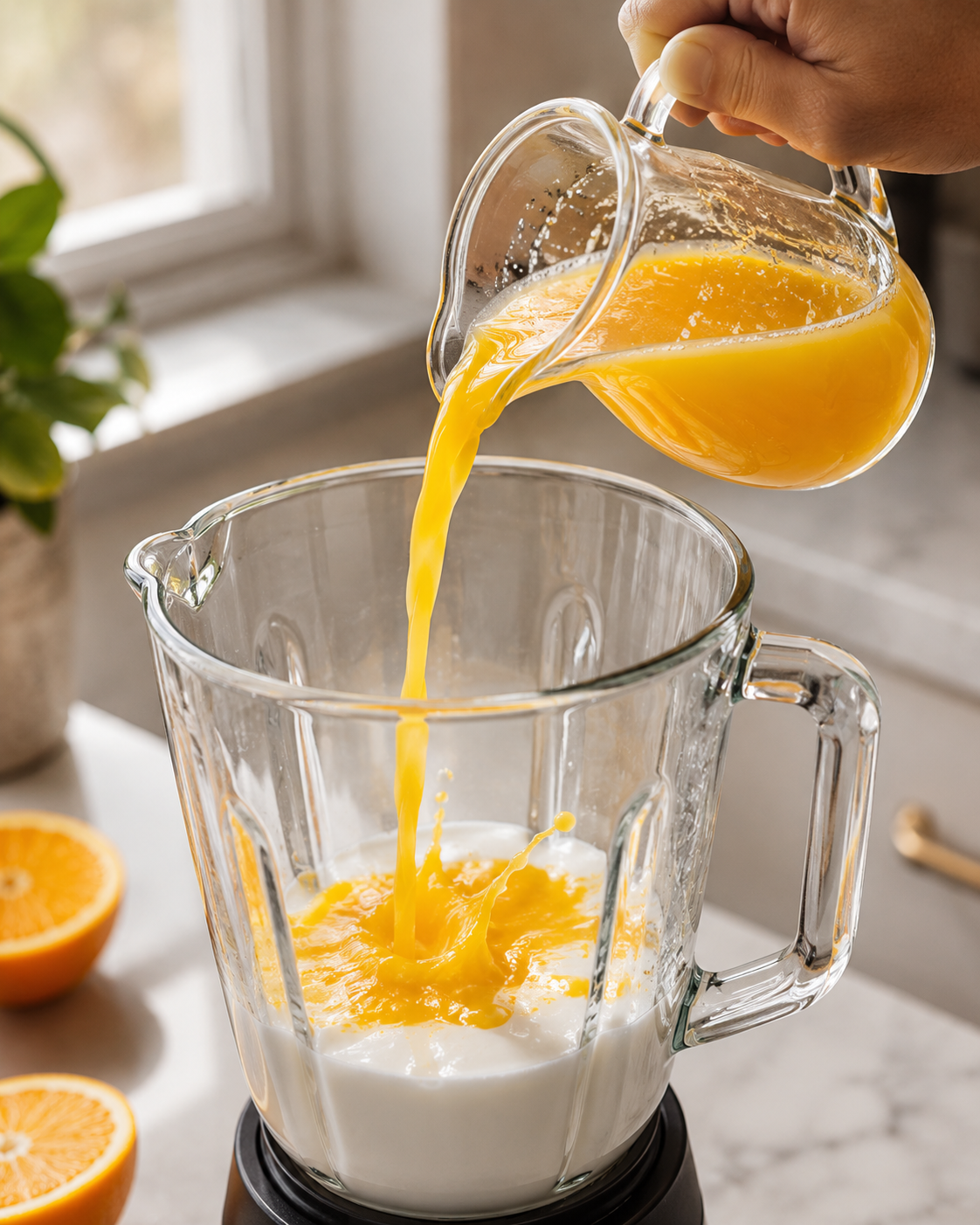 Pouring orange juice and coconut milk into the blender first