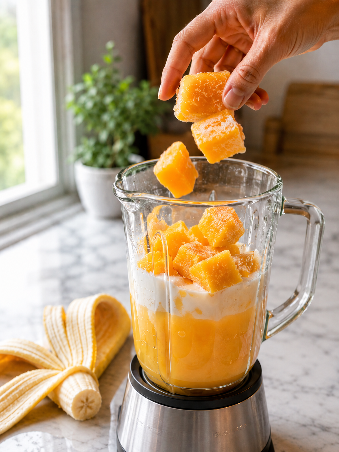 Frozen mango chunks and banana added on top of the liquids in the blender