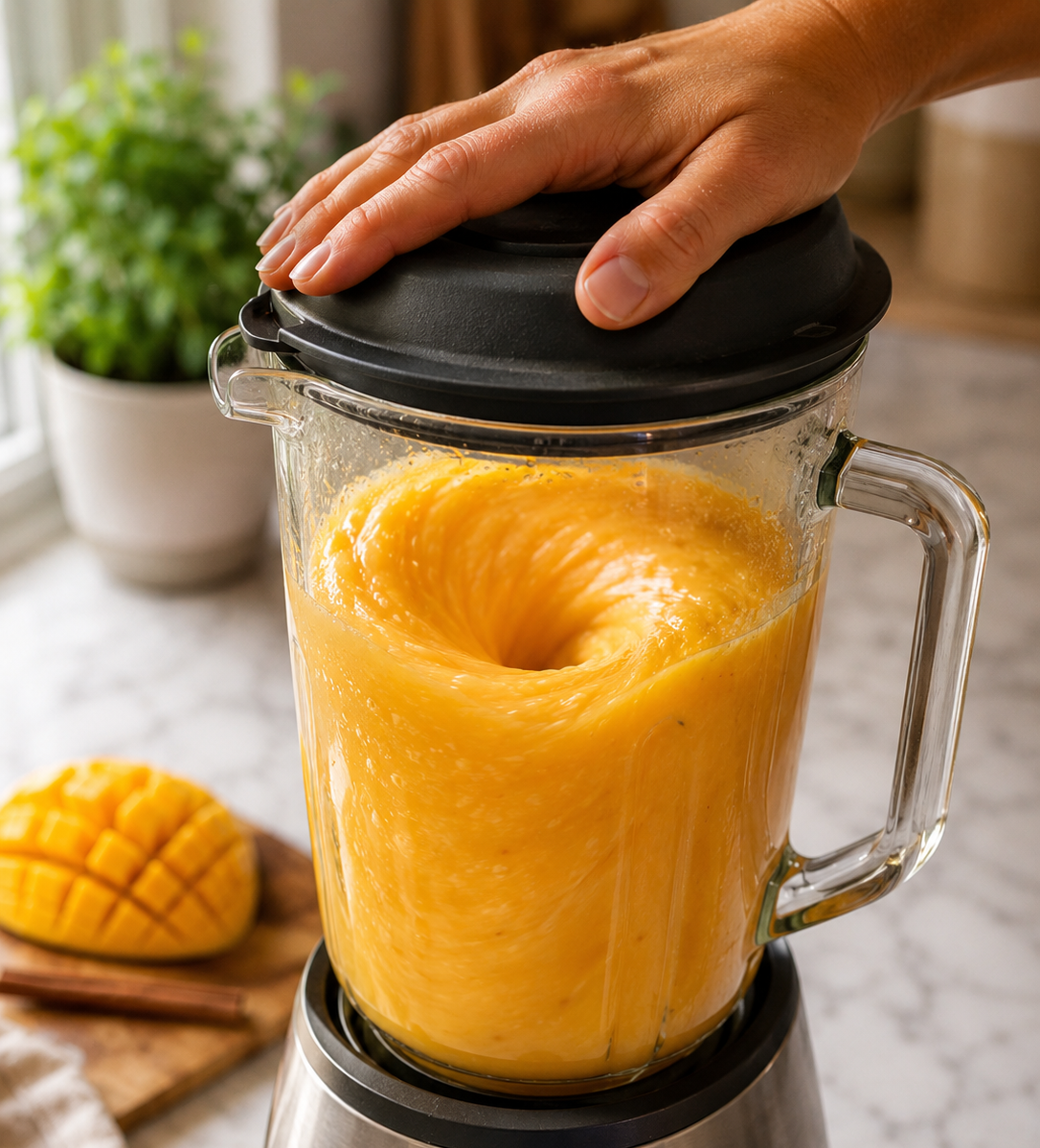 Blender running at high speed — golden mango vortex forming as it blends smooth