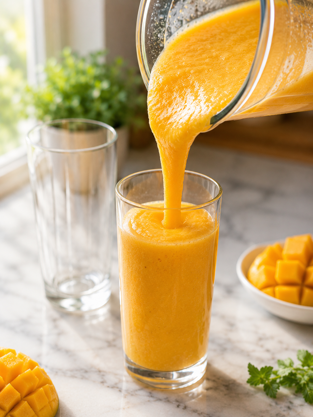 Thick golden mango smoothie being poured from blender into a tall glass