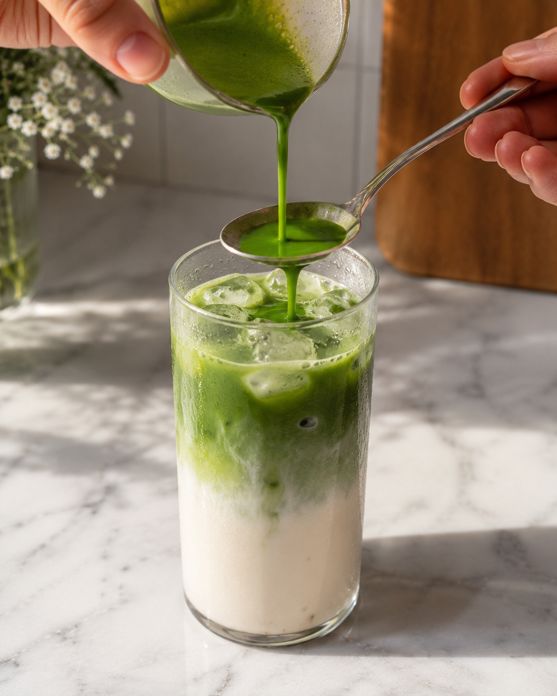 Matcha being poured gently over the back of a spoon into a tall glass of iced milk, creating a beautiful green layer
