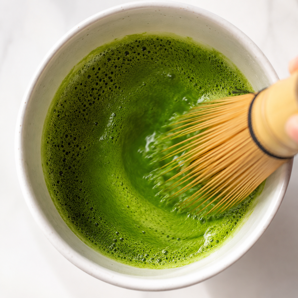 Matcha powder being whisked with hot water in a small bowl until smooth and slightly frothy