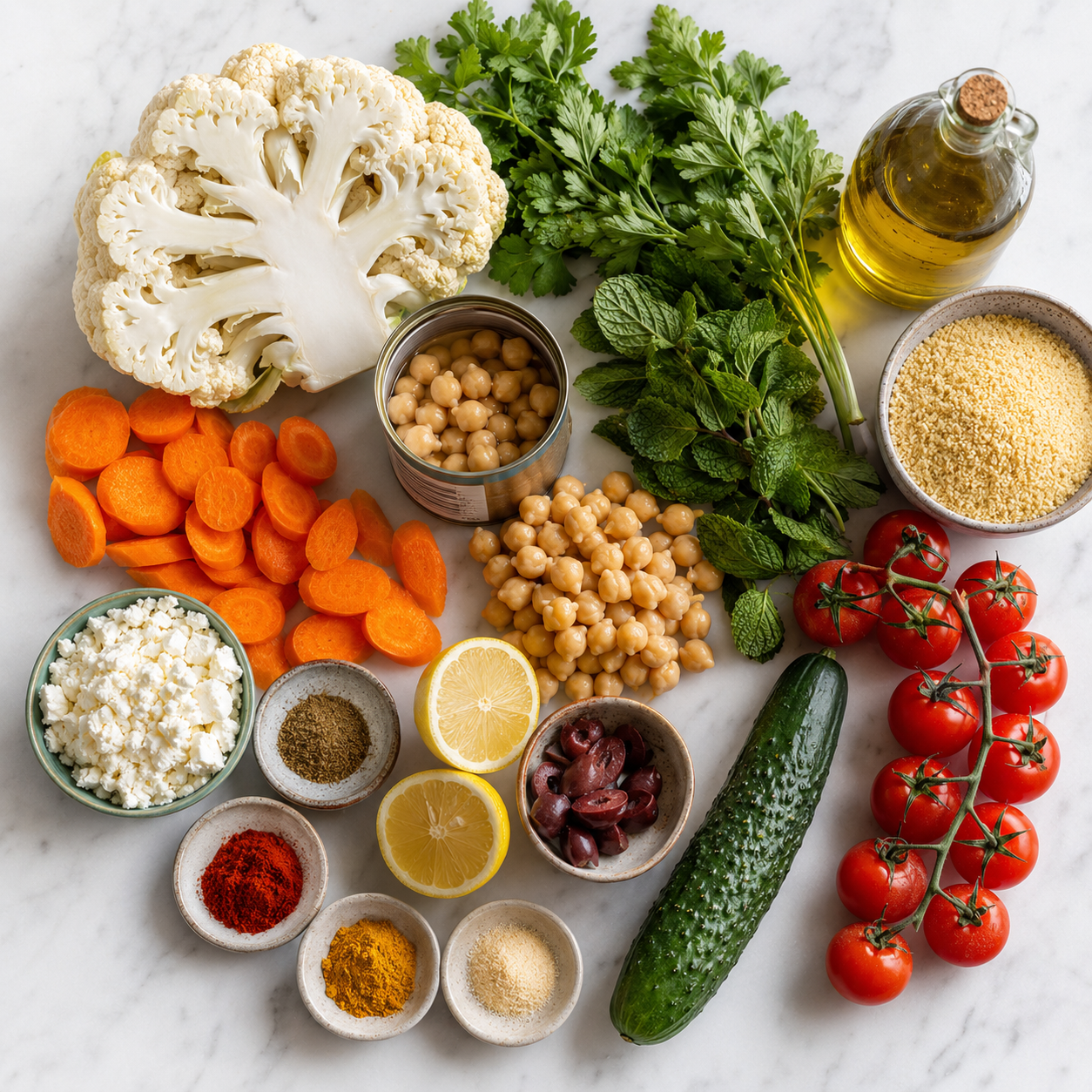 All Mediterranean cauliflower bowl ingredients laid out: cauliflower, carrots, chickpeas, feta, couscous, spices and fresh herbs